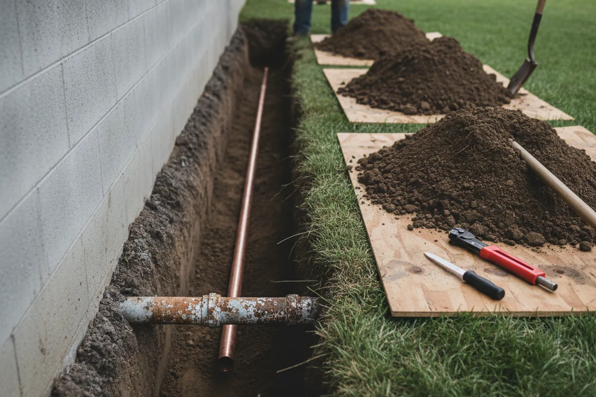 Excavated water line trench during Sewer Line Repair in Sandusky